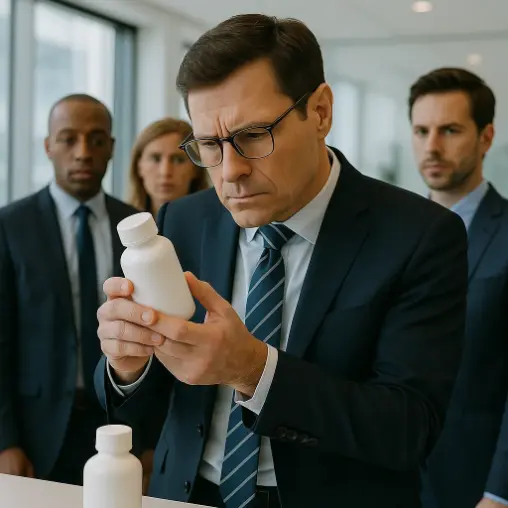 Using International Standards to Increase Business Opportunities – Course IS01 - Serious businessman closely inspecting a white product bottle with colleagues watching in the background.
